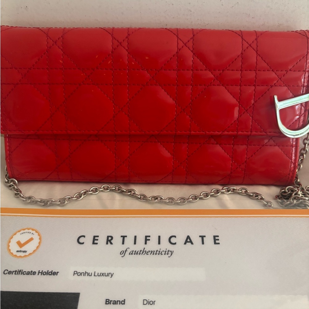 Beautiful Red Christian Dior Wallet on Chain Patent Leather Quilted EUC with COA